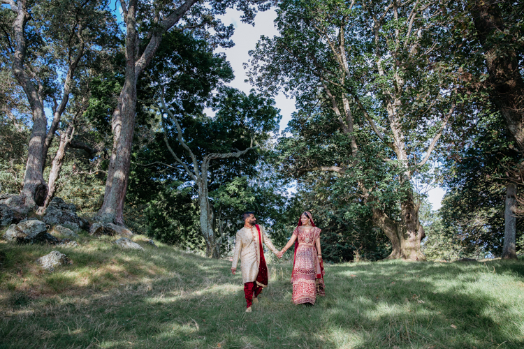 This is a wedding photo of an Indian Bride and Groom wearing traditional wedding outfits walking hand in hand in a park with tall trees around them. This wedding photo was taken by Mala Photography, an Auckland based wedding photography that specialises in photographing Indian weddings.